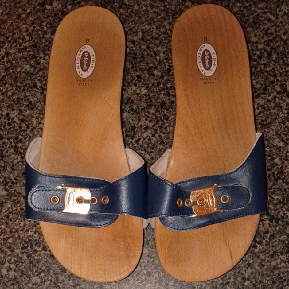 Dr. Scholl's Navy Blue Leather Mules with Gold Buckle